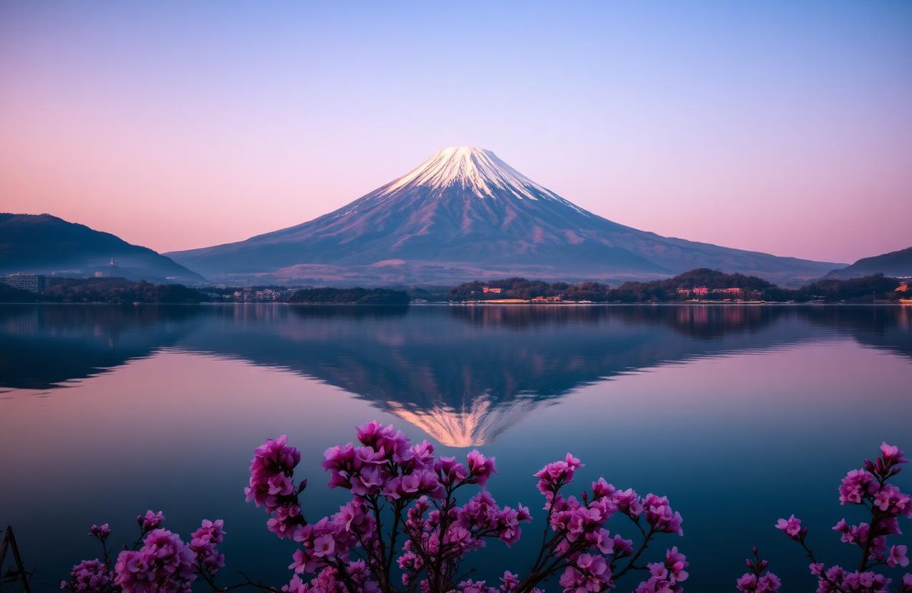 Lago Kawaguchi com viajantes no Japão