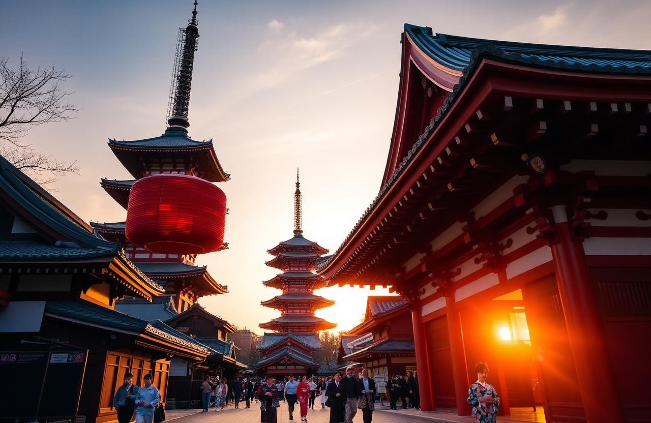 Senso-ji com viajantes no Japão