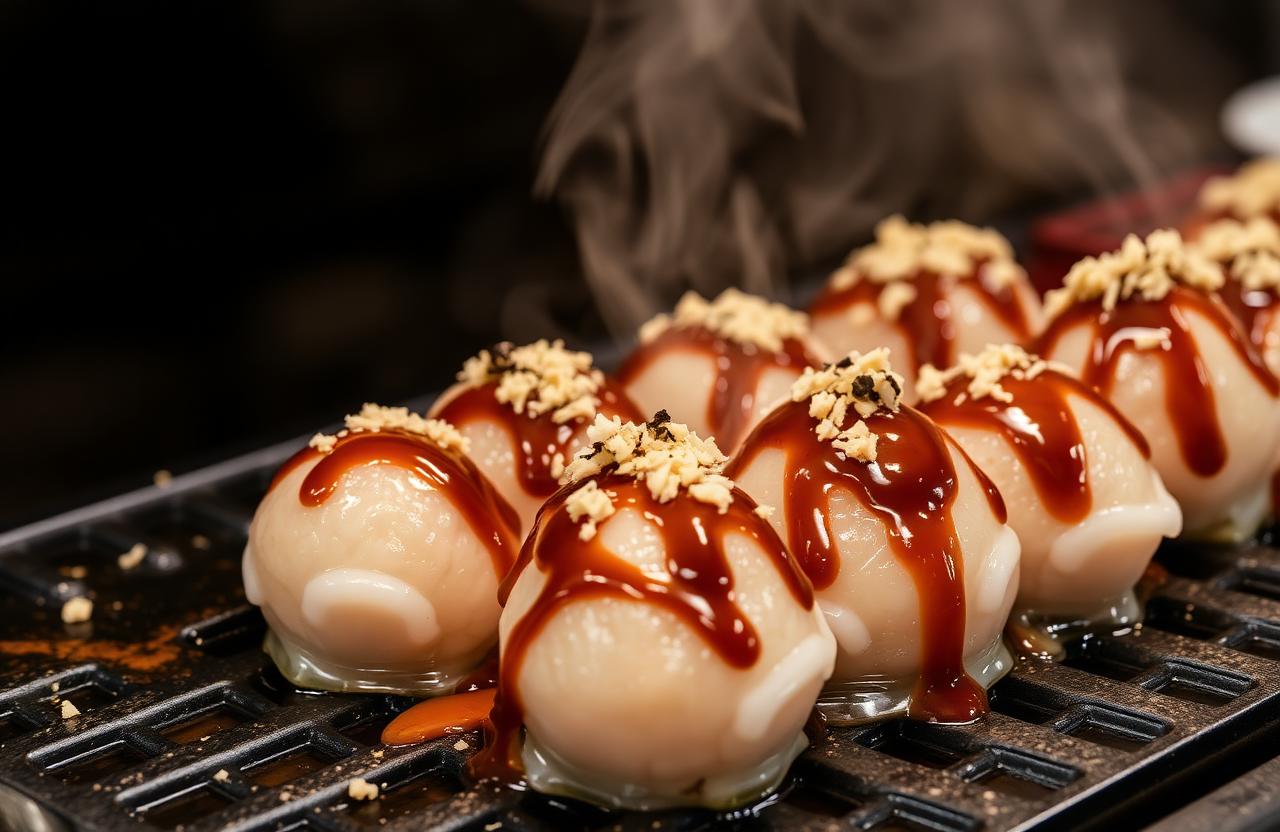 Takoyaki na rua com viajantes no Japão
